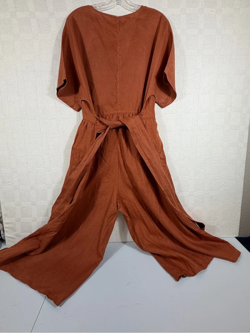 Linen Wide-Leg Women Jumpsuit Large Brown VNeck Short Sleeve Belted Pockets - Picture 3 of 8